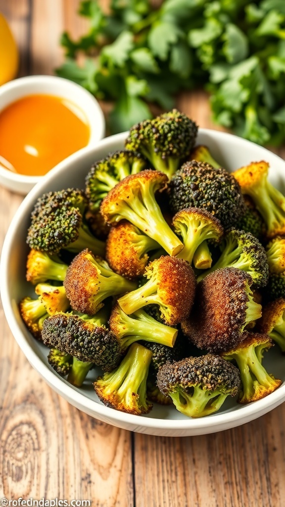 Crispy Air Fryer Broccoli for Keto Diet Crispy air fryer broccoli florets seasoned with garlic, served in a bowl with a dipping sauce.